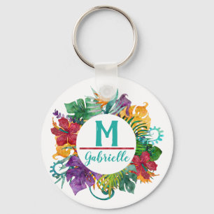 Tropical Floral Palm Wreath Monogram Initial Name Keychain