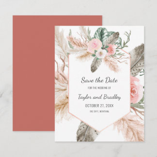 Tropical Floral Pampas Grass, Feathers, Rustic | I Save The Date