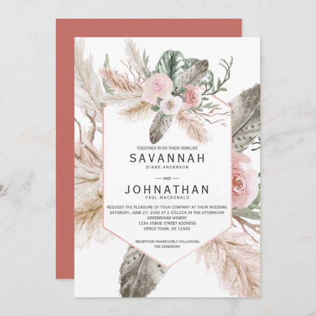 Tropical Floral Pampas Grass, Feathers, Rustic | Invitation (Front/Back)