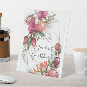 Tropical Floral Paradise Botanical Gold Wedding Pedestal Sign