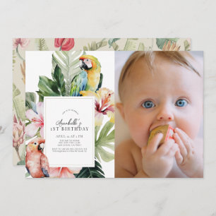 Tropical Floral Parrot Wht 1st Birthday Photo Invitation