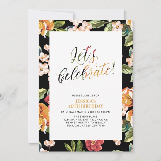 Tropical Floral Pattern Adult 40th Birthday Party Invitation (Front)