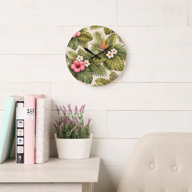Tropical Floral Pattern – Hibiscus, Monstera  Large Clock (Reading Room)