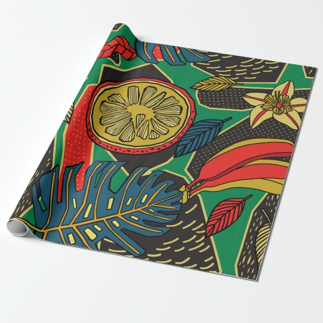 Tropical floral pattern in doodle style with fruit wrapping paper (Unrolled)