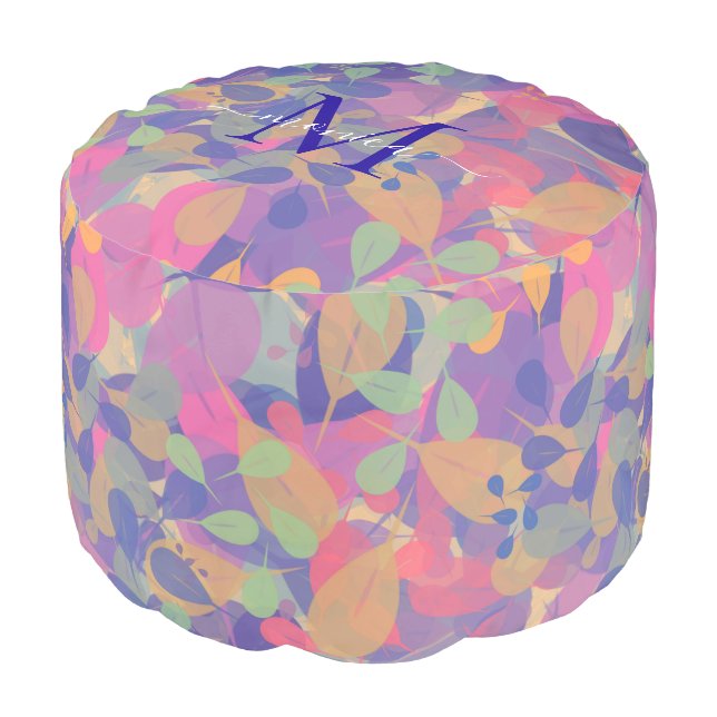 Tropical Floral Pattern Monogrammed Pouf (Angled Front)