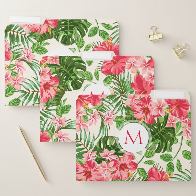 Tropical Floral Pattern Pink Hibiscus Monogram FF File Folder (Set)