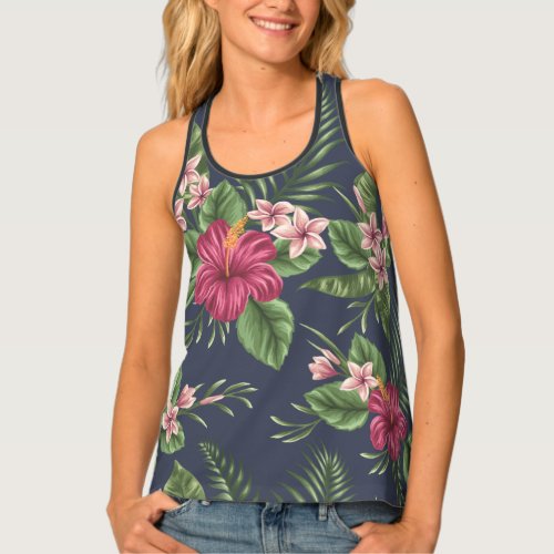 Tropical Floral Pattern Red Hibiscus W Tank Top