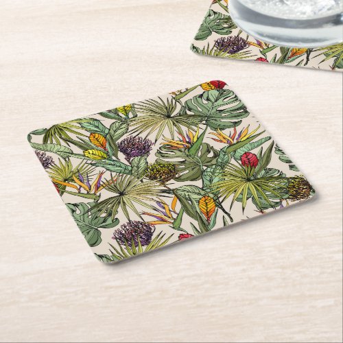 Tropical Floral Pattern Square Paper Coaster