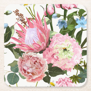Tropical floral pattern with pink flowers. square paper coaster