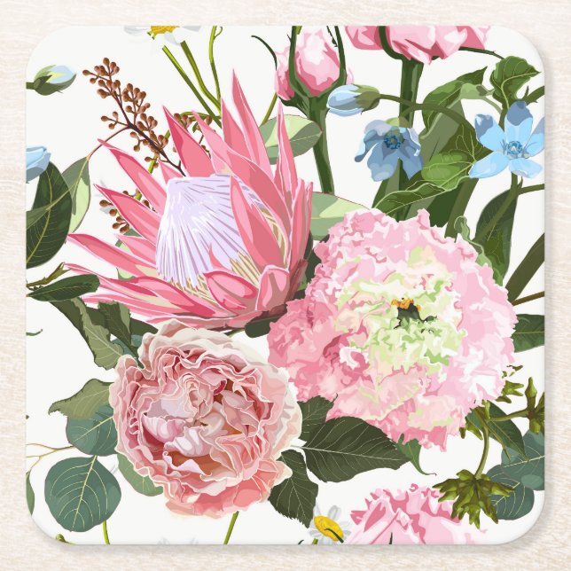 Tropical floral pattern with pink flowers. square paper coaster (Front)