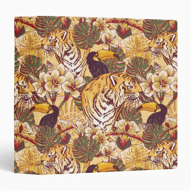 Tropical Floral Pattern With Tiger 3 Ring Binder (Front/Spine)