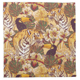 Tropical Floral Pattern With Tiger Cloth Napkin
