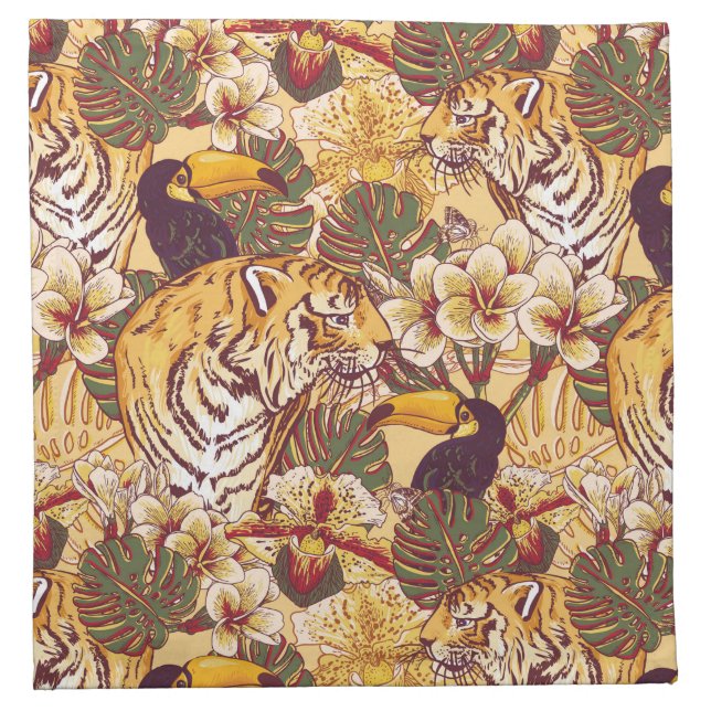Tropical Floral Pattern With Tiger Cloth Napkin (Front)