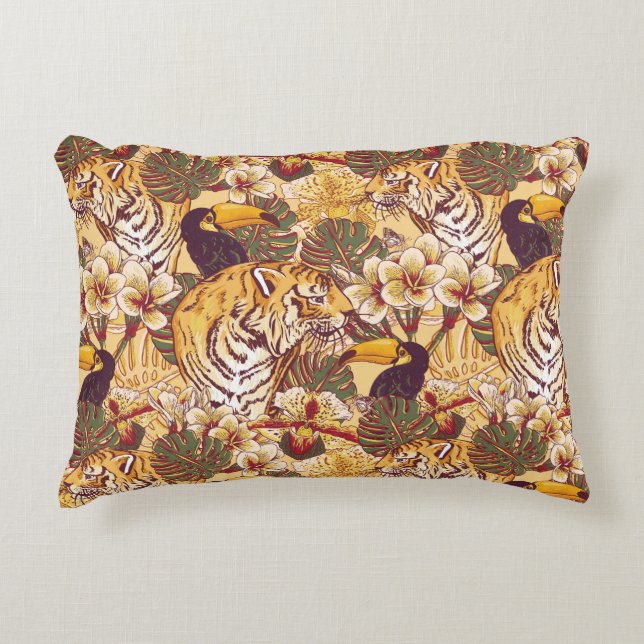 Tropical Floral Pattern With Tiger Decorative Pillow (Front)