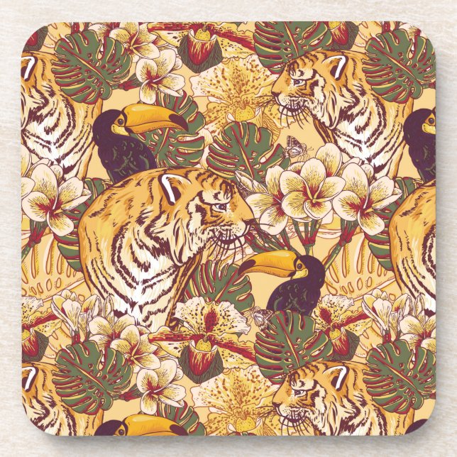 Tropical Floral Pattern With Tiger Drink Coaster (Front)