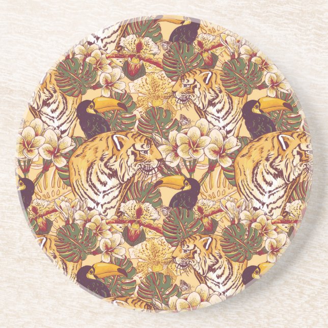 Tropical Floral Pattern With Tiger Drink Coaster (Front)