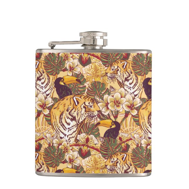 Tropical Floral Pattern With Tiger Flask (Front)