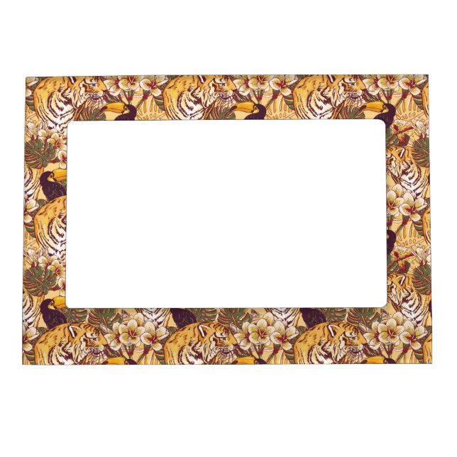 Tropical Floral Pattern With Tiger Magnetic Photo Frame (Front)