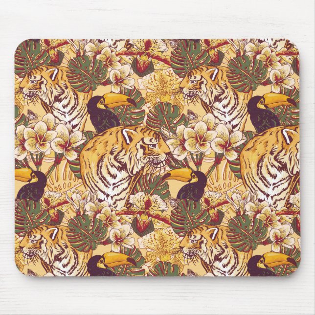 Tropical Floral Pattern With Tiger Mouse Pad (Front)