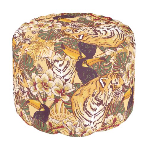 Tropical Floral Pattern With Tiger Pouf
