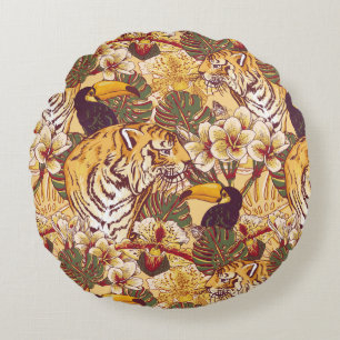 Tropical Floral Pattern With Tiger Round Pillow
