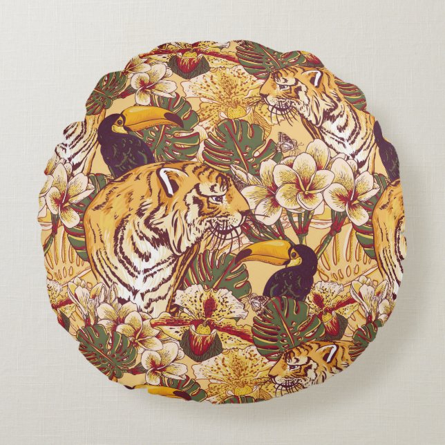 Tropical Floral Pattern With Tiger Round Pillow (Front)