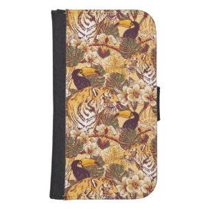 Tropical Floral Pattern With Tiger Galaxy S4 Wallet Case
