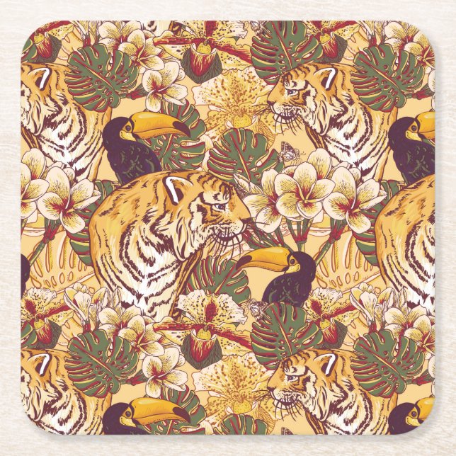 Tropical Floral Pattern With Tiger Square Paper Coaster (Front)