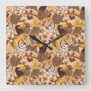 Tropical Floral Pattern With Tiger Square Wall Clock