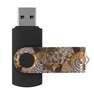 Tropical Floral Pattern With Tiger USB Flash Drive