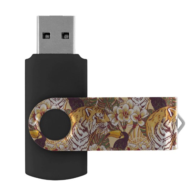Tropical Floral Pattern With Tiger USB Flash Drive (Opened)