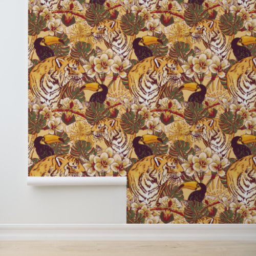 Tropical Floral Pattern With Tiger Wallpaper