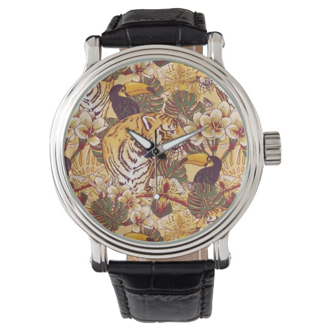 Tropical Floral Pattern With Tiger Watch (Front)