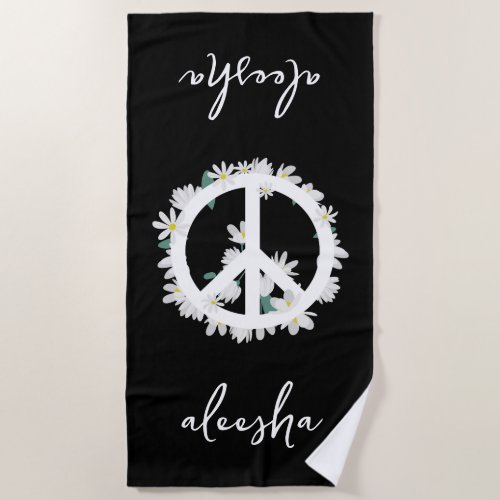 Tropical Floral Peace Sign Personalized Black Beach Towel