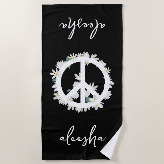 Tropical Floral Peace Sign Personalized Black Beach Towel (Front)