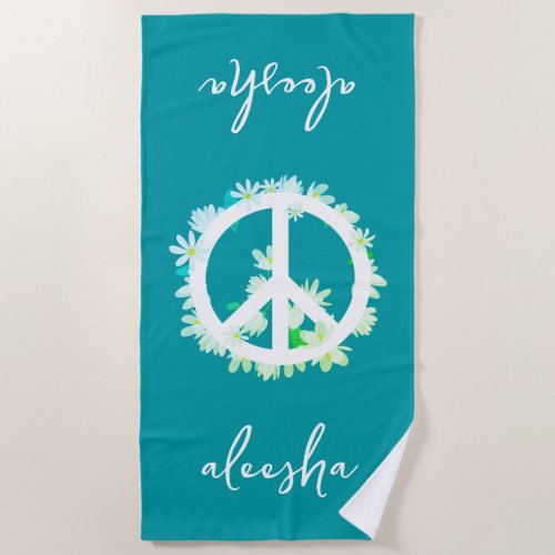 Tropical Floral Peace Sign Personalized Ocean Blue Beach Towel