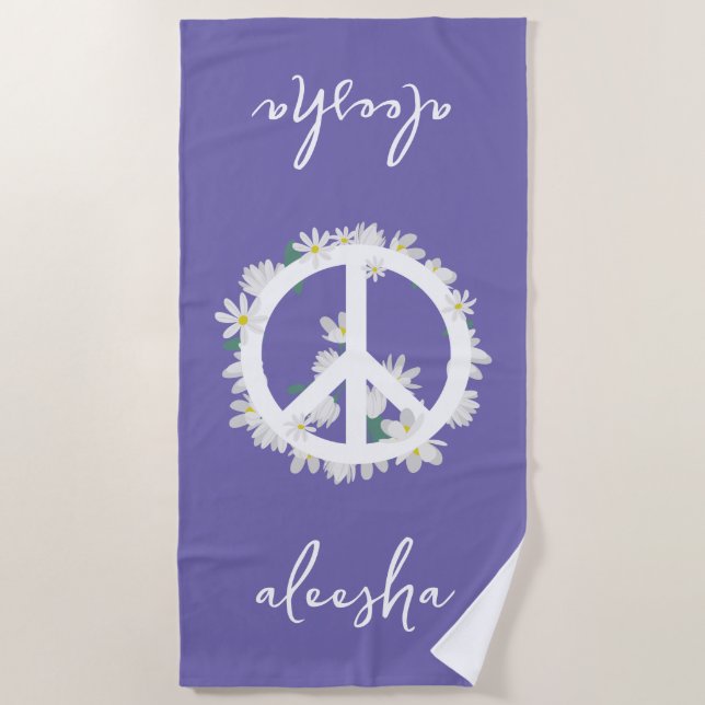 Tropical Floral Peace Sign Personalized Purple Beach Towel (Front)