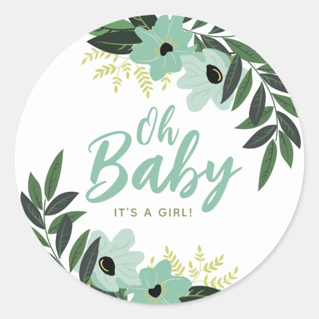 Tropical Floral Personalized Baby Shower Classic Round Sticker (Front)