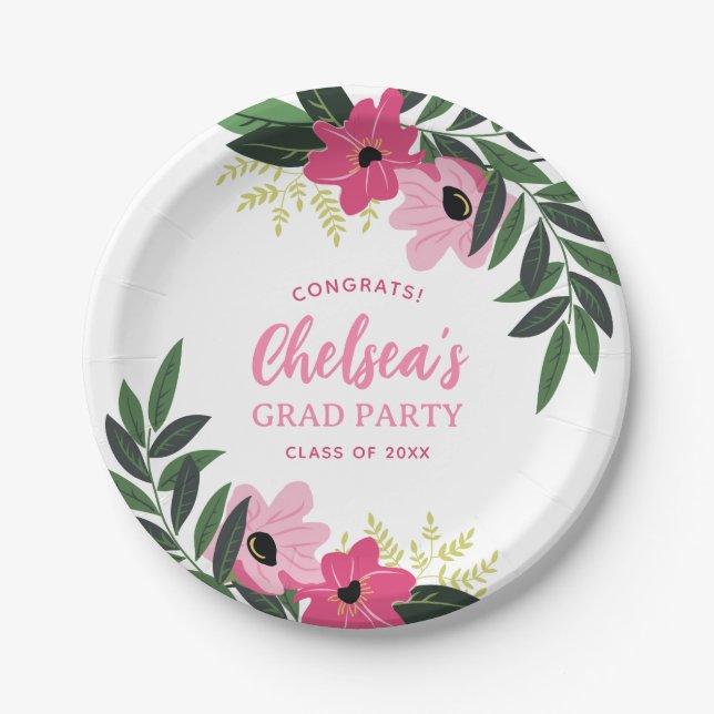 Tropical Floral Personalized Grad Party Paper Plates (Front)