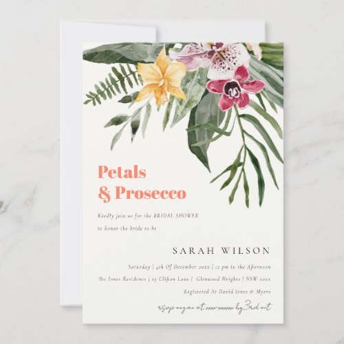 Tropical Floral Petals  Prosecco Bridal Shower Invitation