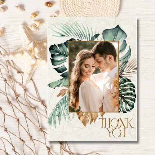 Tropical Floral Photo Beach Wedding Thank You Card
