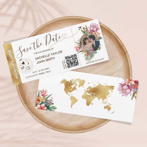 Tropical Floral Photo Boarding Pass Map QR Code Invitation