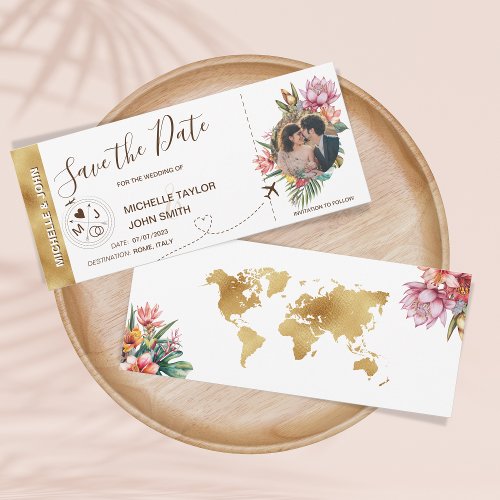 Tropical Floral Photo Boarding Pass World Map Invitation