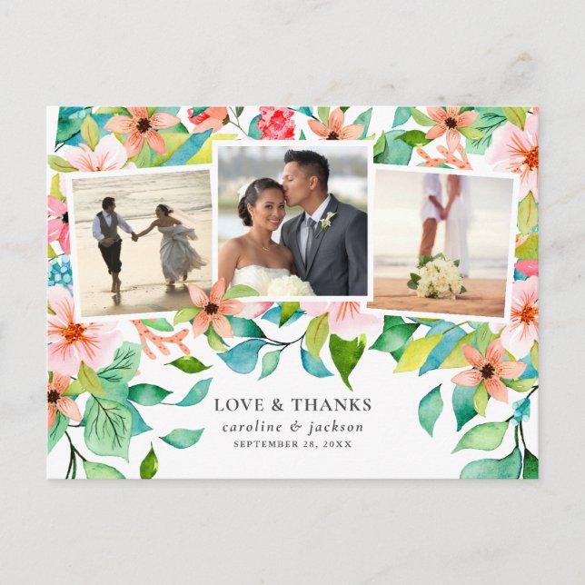 Tropical Floral Photo Collage Wedding Thank You Postcard (Front)