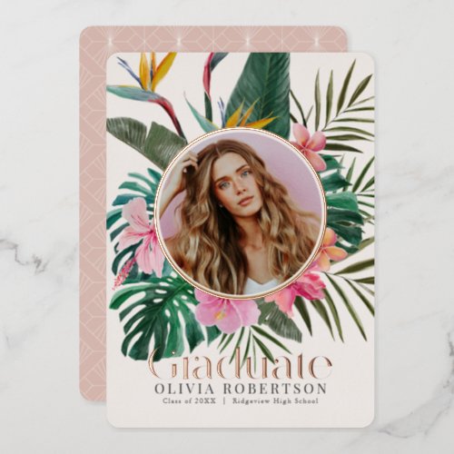 Tropical Floral Photo Graduation Annoucement Foil Invitation