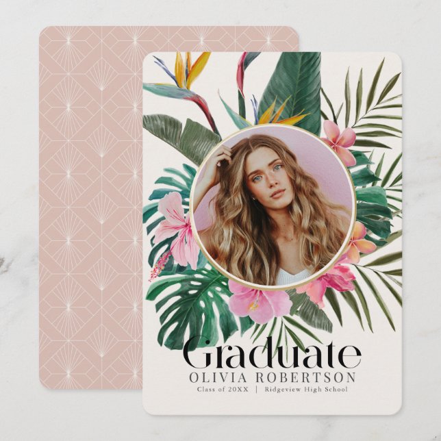 Tropical Floral Photo Graduation Annoucement Invitation (Front/Back)