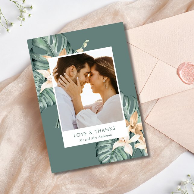 Tropical Floral Photo Wedding Thank You (Tropical Floral Photo Wedding Thank You Card)
