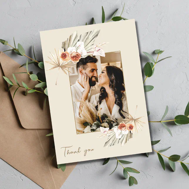 Tropical Floral Photo Wedding Thank You Card | Zazzle