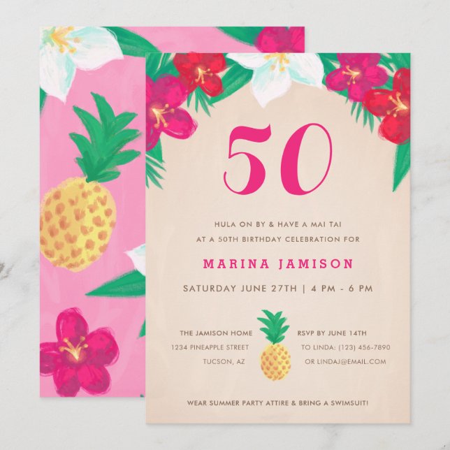 Tropical Floral & Pineapple 50th Birthday Party Invitation (Front/Back)