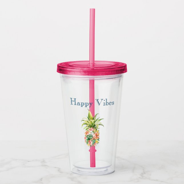 Tropical Floral Pineapple Acrylic Tumbler (Front)